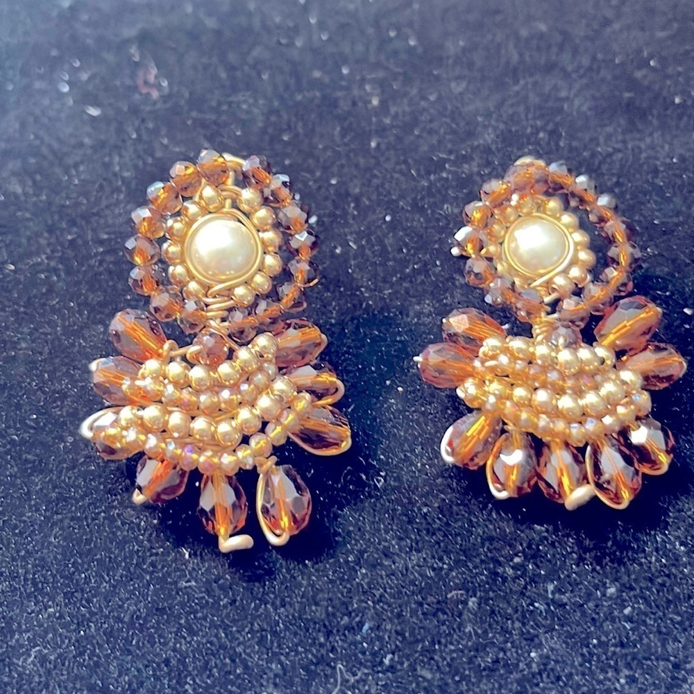 Vintage AMBER & Gold Tone Beads With Faux Pearl Pierced Earrings